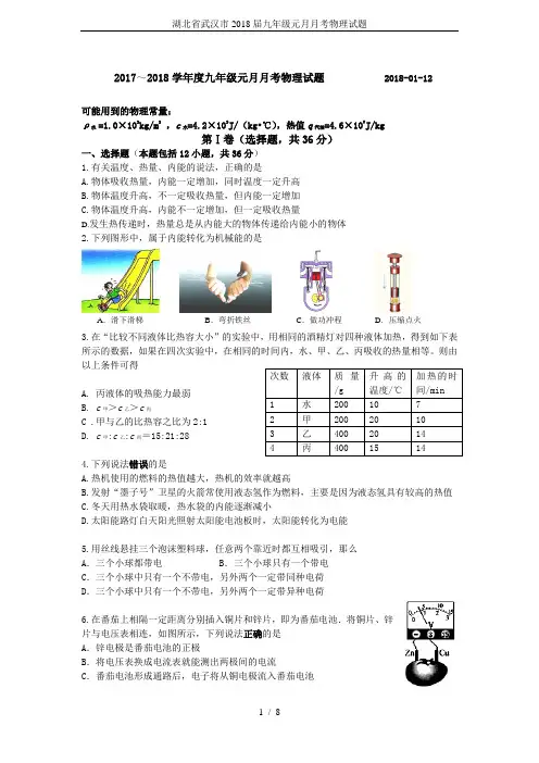 湖北省武汉市2018届九年级元月月考物理试题