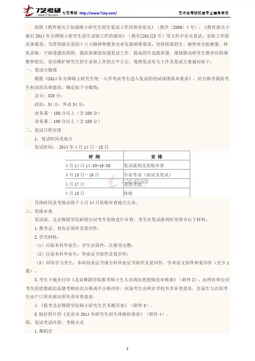 北京舞蹈学院2014年硕士研究生复试通知
