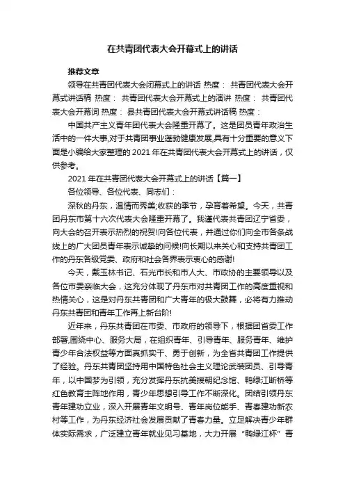 在共青团代表大会开幕式上的讲话