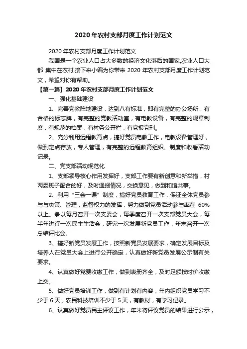 2020年农村支部月度工作计划范文