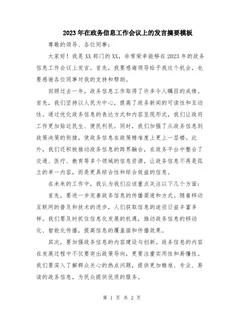 2023年在政务信息工作会议上的发言摘要模板