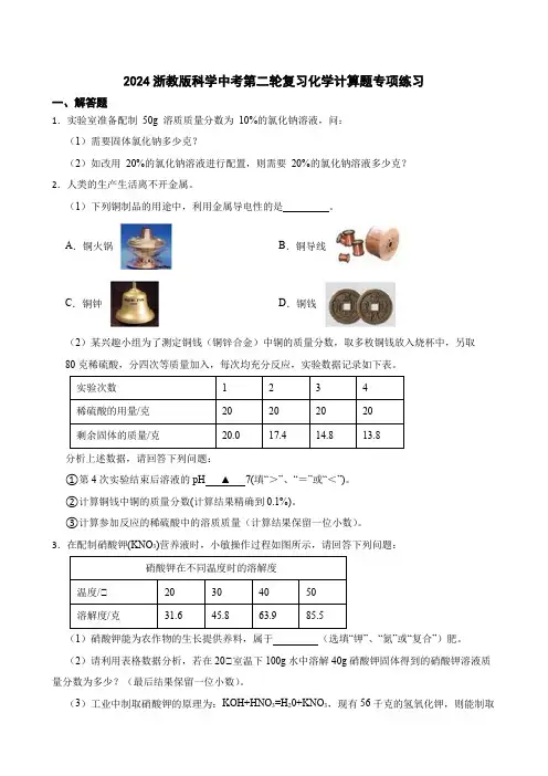 2024年浙教版科学中考第二轮复习：化学计算题专项练习