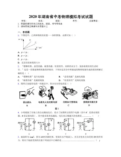 2020年湖南省中考物理模拟考试试题附解析
