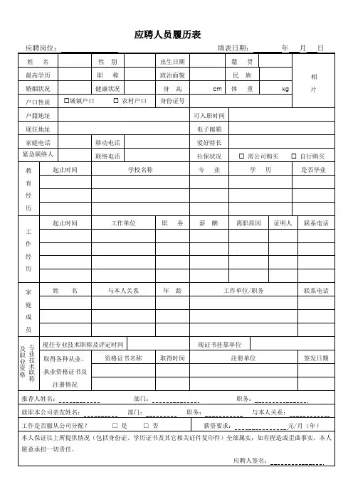应聘人员履历表(普工类)