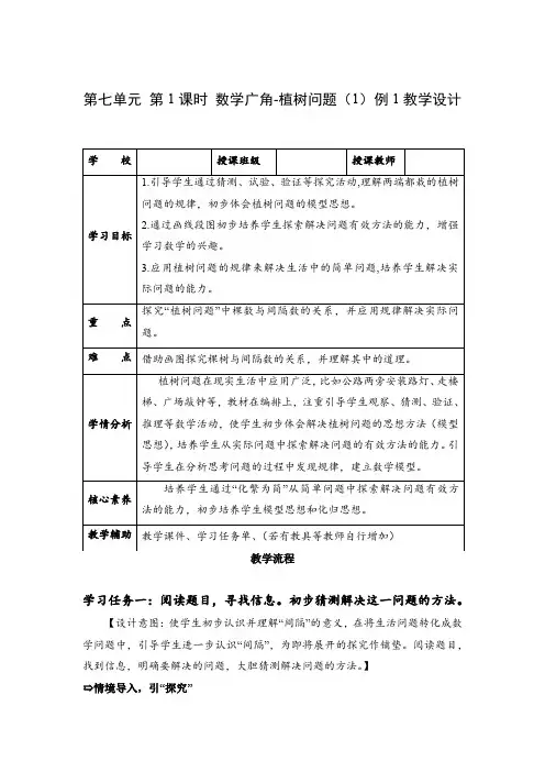第七单元_第01课时_数学广角-植树问题(1)(两端都栽)(教学设计)五年级数学上册人教版