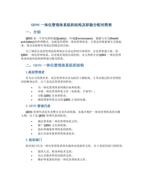 QEHS一体化管理体系组织结构及职能分配对照表