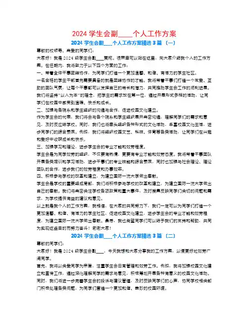 2024学生会副主席个人工作计划3篇