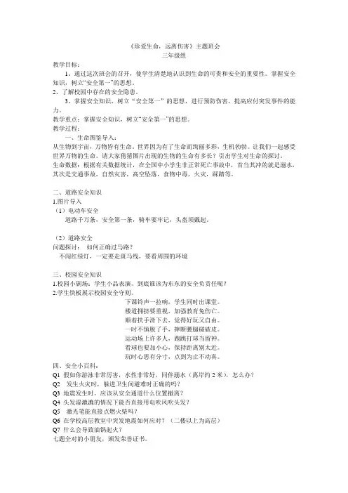 《珍爱生命,远离伤害》班会教案(三年级)