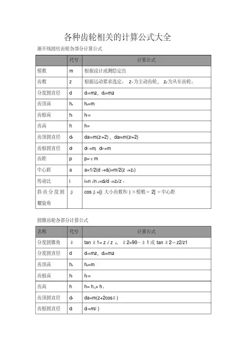 各种齿轮相关的计算公式大全