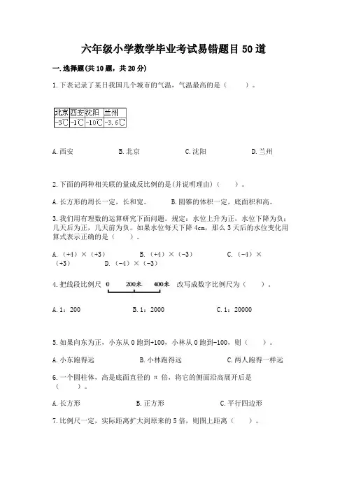 六年级小学数学毕业考试易错题目50道附答案(轻巧夺冠)