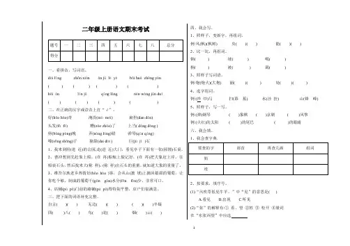 二年级语文上册期末试卷题可打印