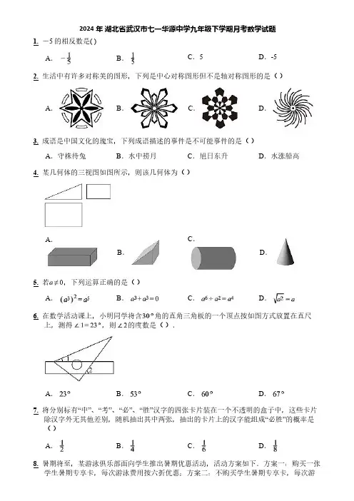 2024年 湖北省武汉市七一华源中学九年级下学期月考数学试题