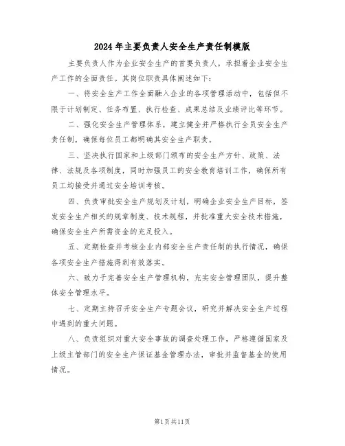 2024年主要负责人安全生产责任制模版（六篇）