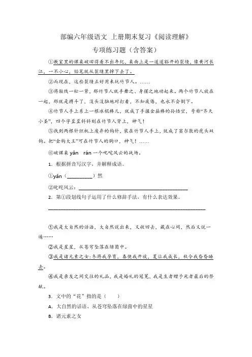 部编六年级语文 上册期末复习《阅读理解》专项练习题(含答案)