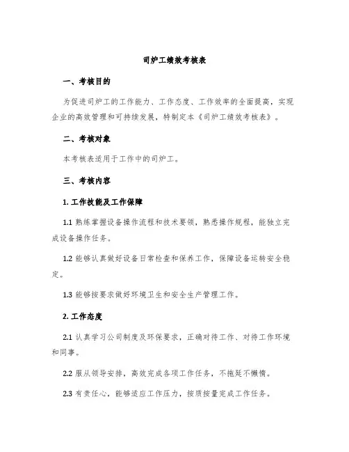 司炉工绩效考核表