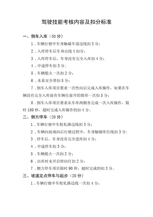 驾驶技能考核内容及扣分标准