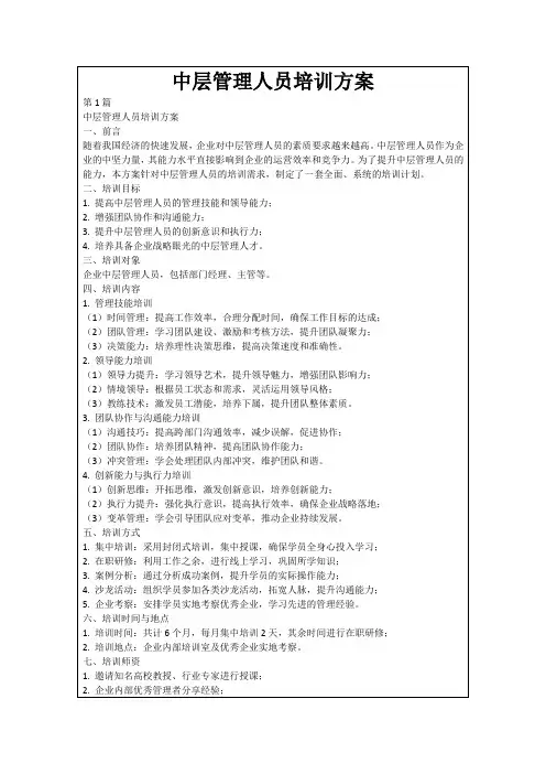 中层管理人员培训方案