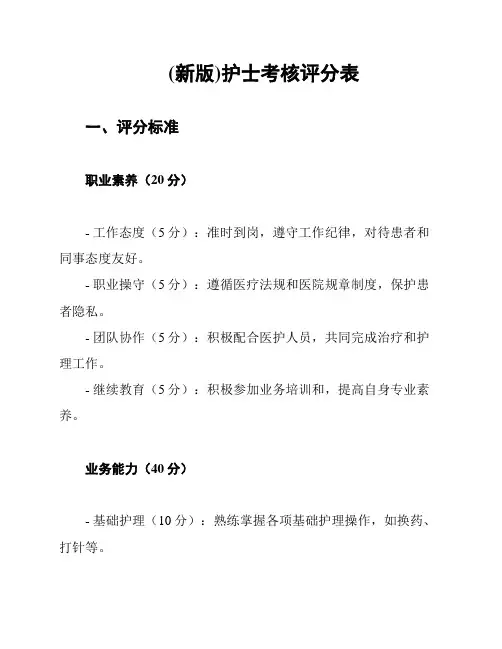 (新版)护士考核评分表