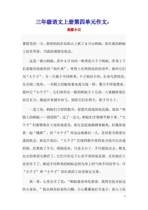 三年级语文上册第四单元作文：观察小记
