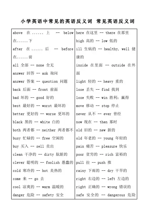 小学英语中常见的英语反义词常见英语反义词
