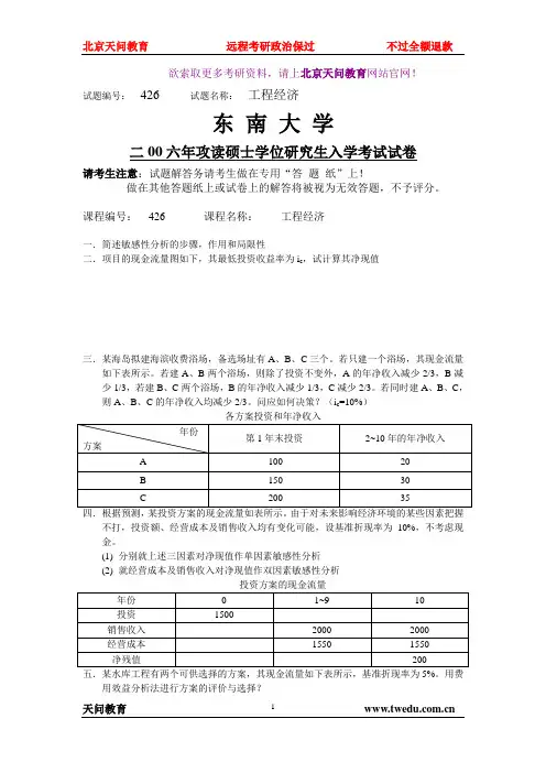 东南大学2006年工程经济学试卷