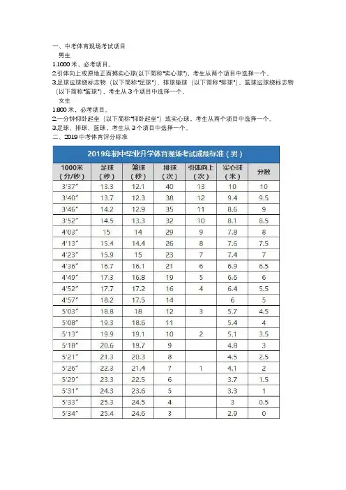 中考体育评分标准