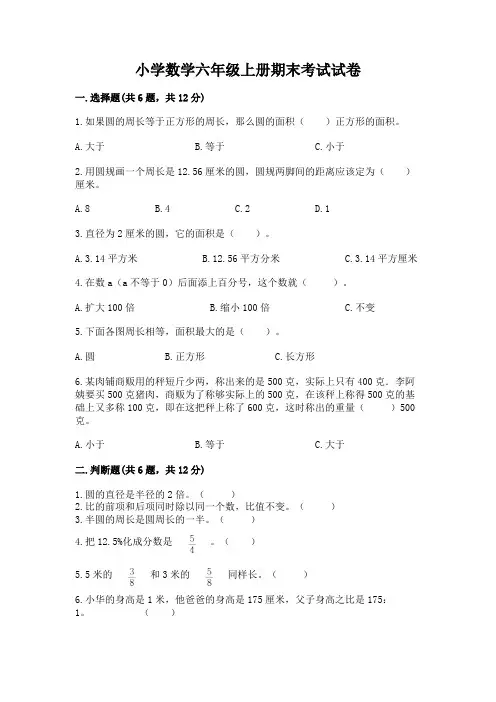 小学数学六年级上册期末考试试卷可打印