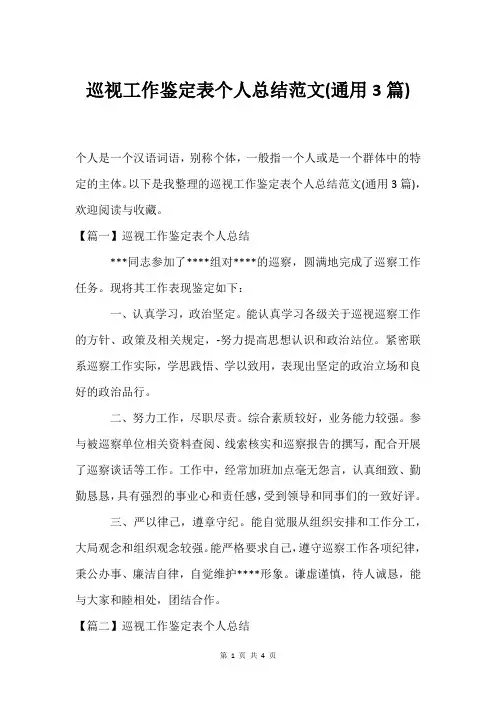巡视工作鉴定表个人总结范文(通用3篇)