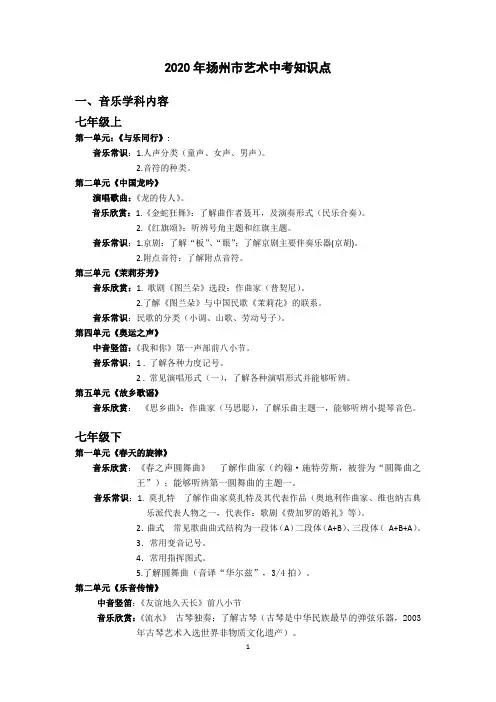 2020年扬州市艺术中考(音乐美术)知识点(定稿)