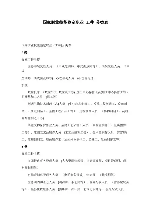 国家职业技能鉴定职业 工种 分类表