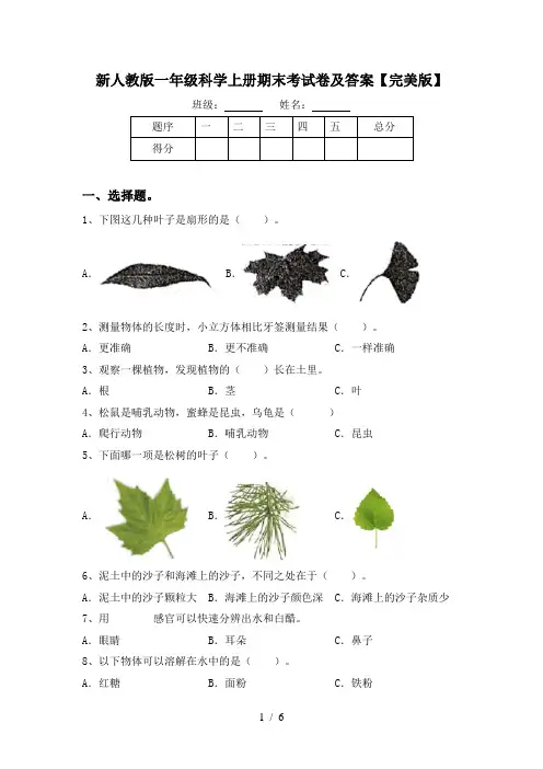 新人教版一年级科学上册期末考试卷及答案【完美版】