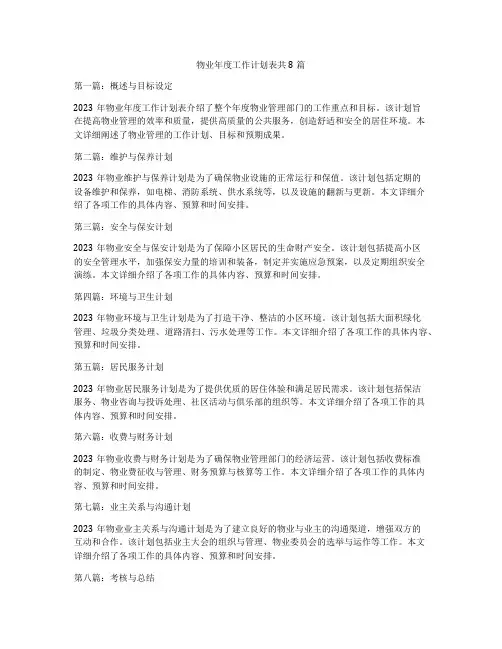 物业年度工作计划表共8篇