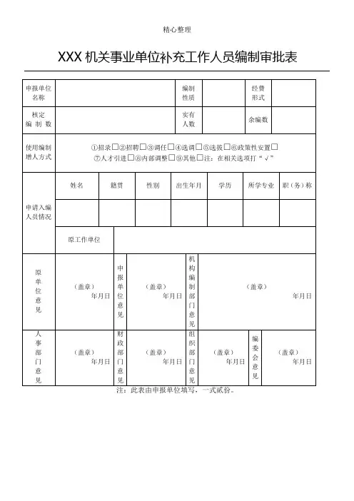 机关事业单位人员编制审批表格模板