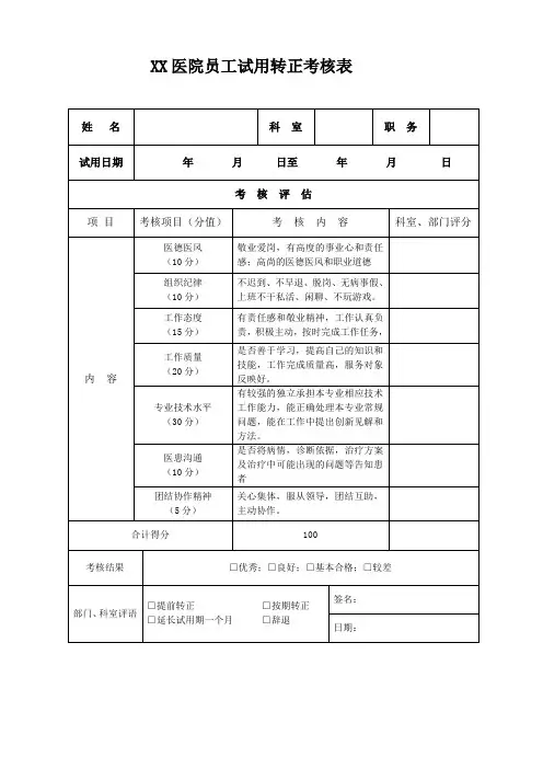 医院员工试用转正考核表
