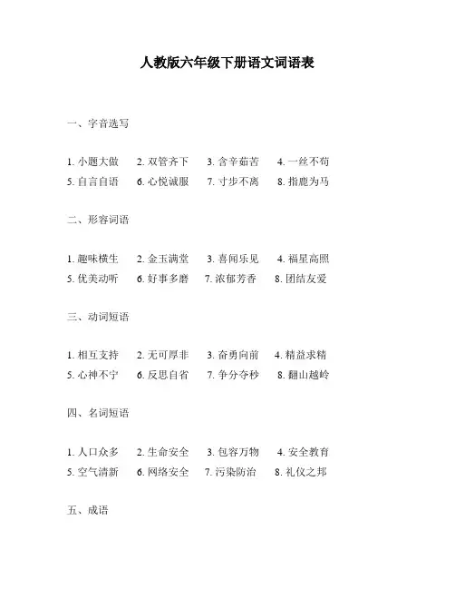 人教版六年级下册语文词语表