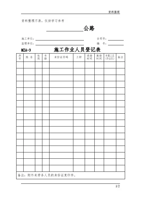施工作业人员登记表模板