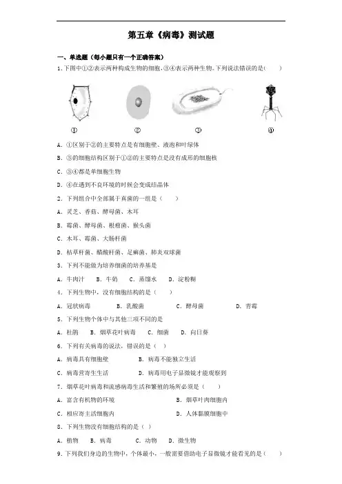 人教版生物八年级上第五单元第五章《病毒》测试题(含答案)