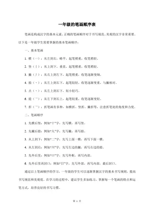 一年级的笔画顺序表