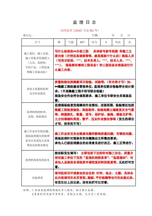 水利工程施工监理日志填写范本模板