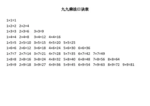 九九乘法口诀表(全word打印版)