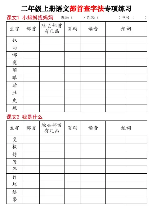 二上语文同步部首查字法专项练习14页