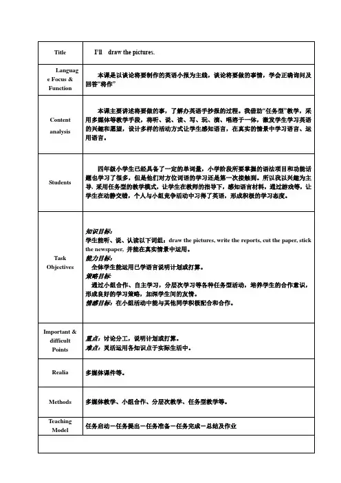 Module6Unit1I'lldrawthepictures(教案)外研版(一起)英语四年级下册