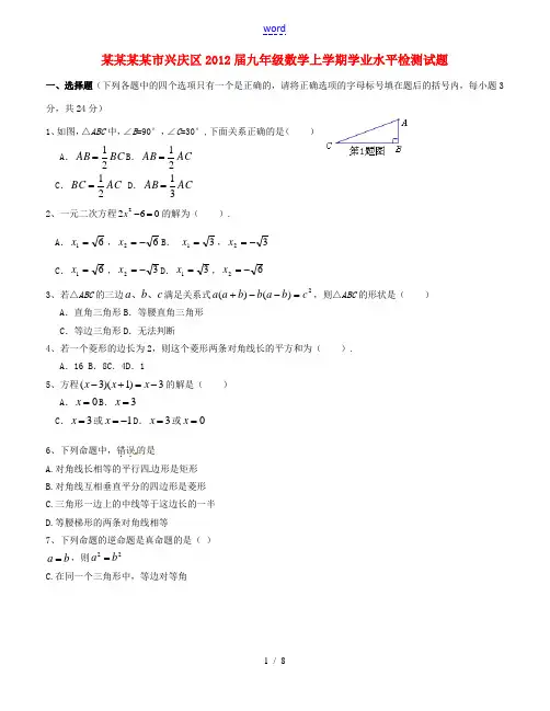 宁夏银川市兴庆区2012届九年级数学上学期学业水平检测试题