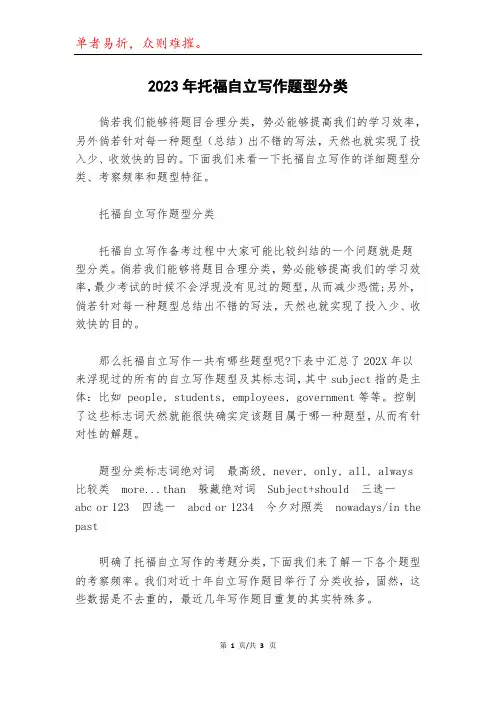 2023年托福自立写作题型分类