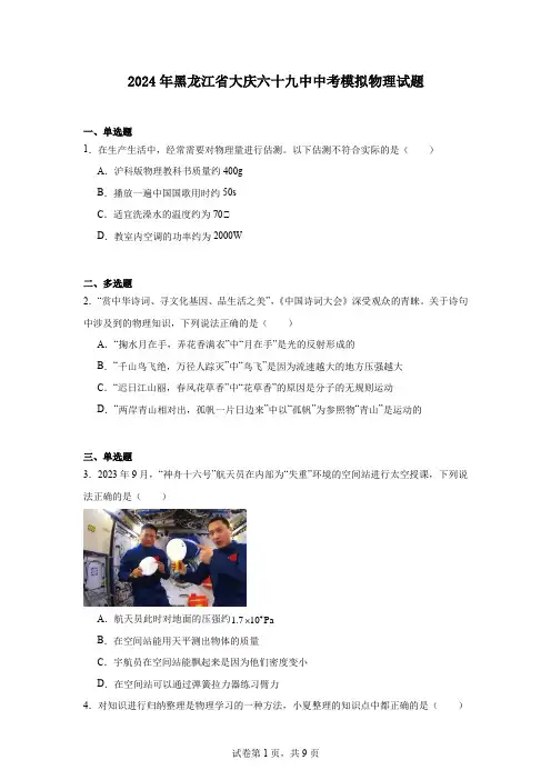 2024年黑龙江省大庆六十九中中考模拟物理试题