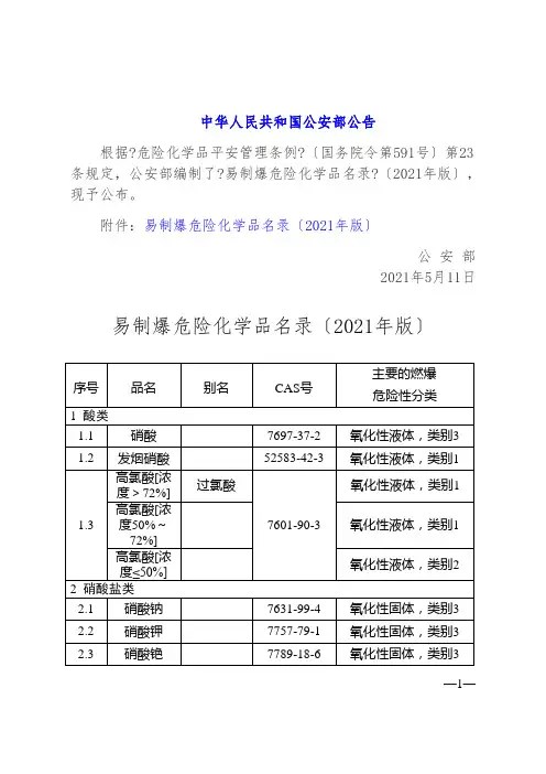 化学目录-----易制爆危险化学品(2017年版)