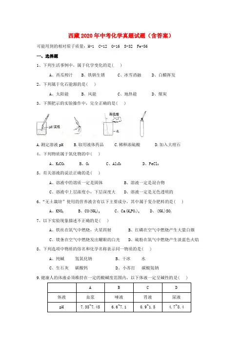 西藏2020年中考化学真题试题(含答案)