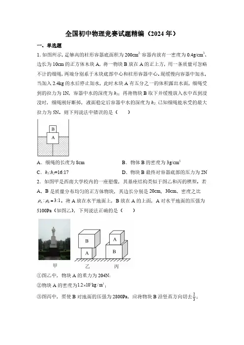 全国初中物理竞赛试题精编(2024年)(附答案)