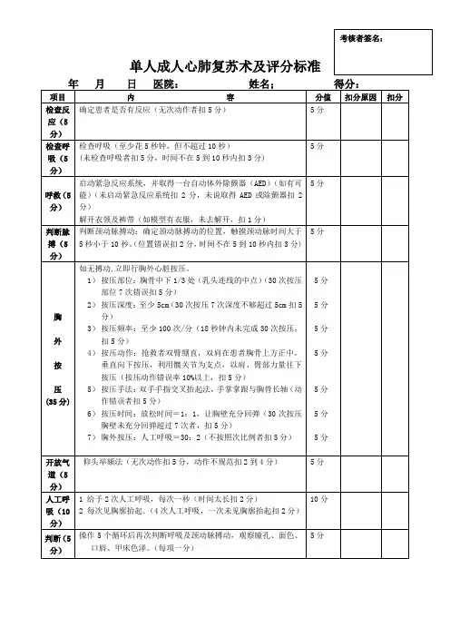 单人成人心肺复苏术及AED使用评分标准