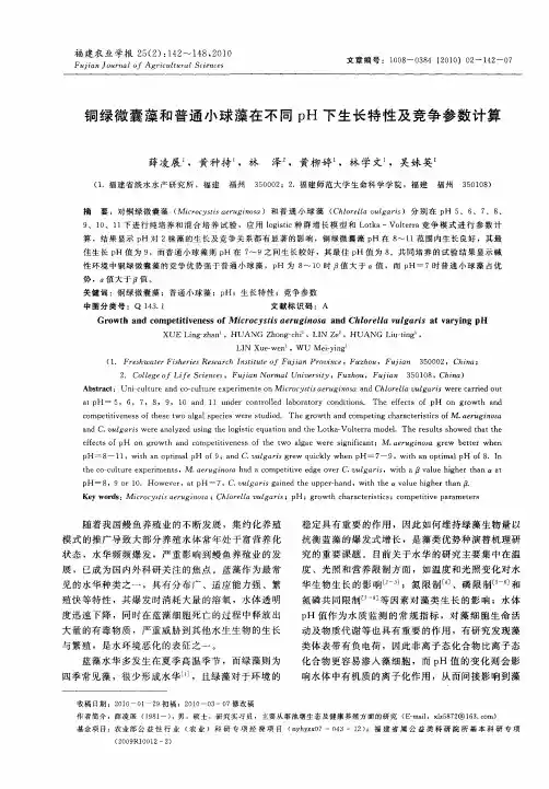 铜绿微囊藻和普通小球藻在不同pH下生长特性及竞争参数计算